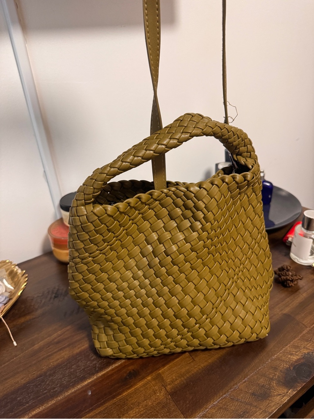 Vintage Olive Green Woven Shoulder Bag